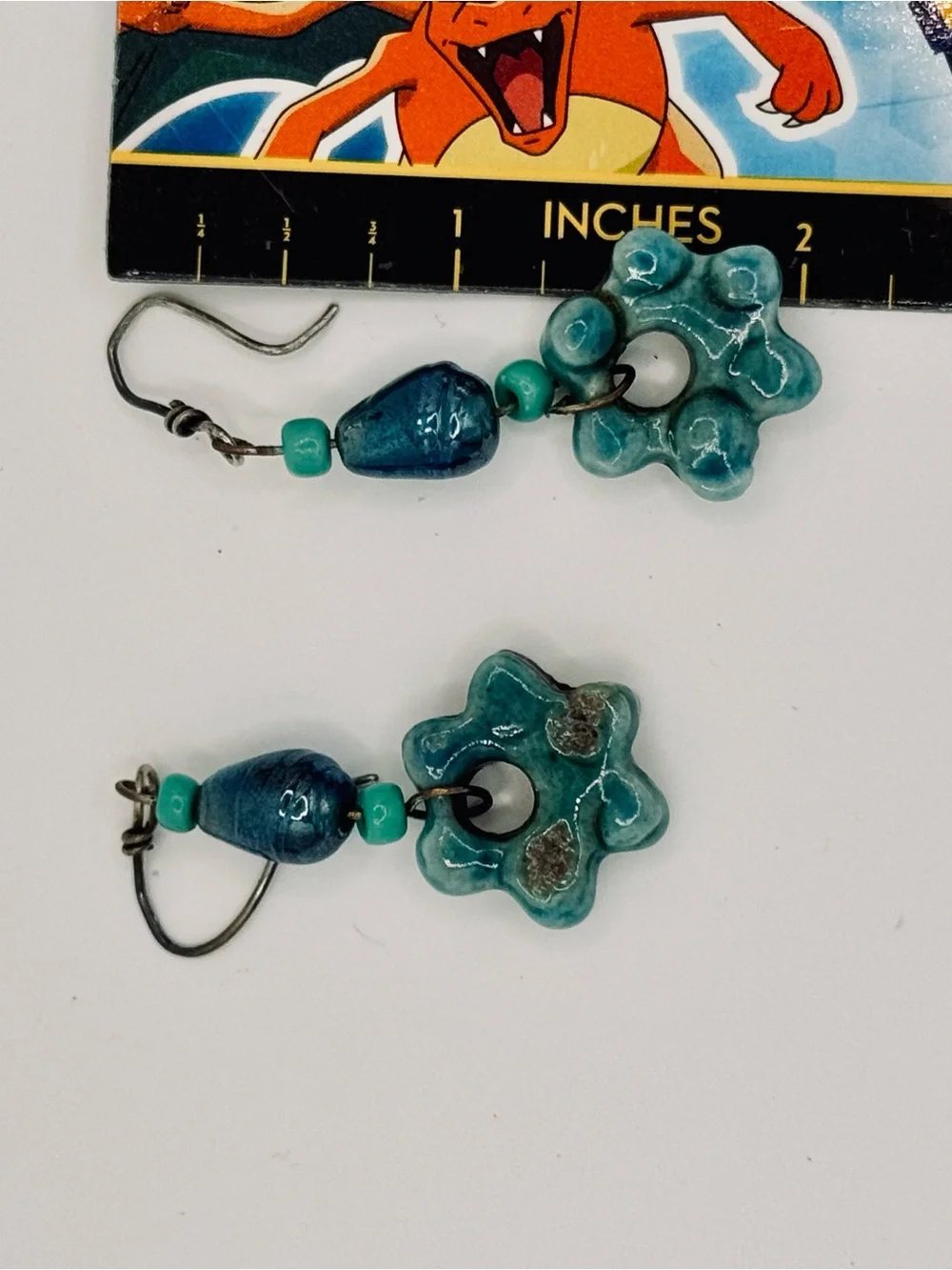 Handmade Turquoise Ceramic Flower Drop Earrings - Women Jewelry